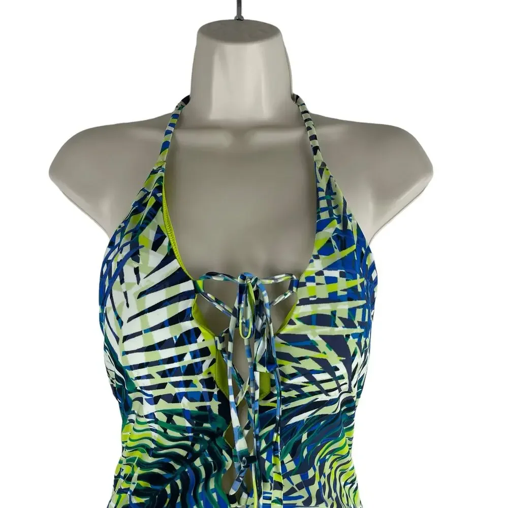 Aerie Tropical Leaf Print Plunge V Neck Lace Up One Piece Swimsuit Size S